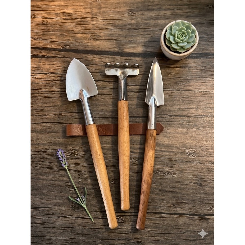 Himark Vintage Miniature Garden Tool Set 3pc Wood Metal Spade Rake Trowel Taiwan
